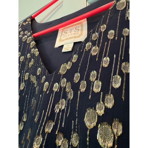 Sail to Sable Tops - Sail to Sable STS Navy Gold Metallic Blouse Smocked Poet Cuff S heritage silk